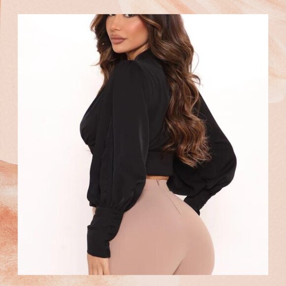 Fashion Nova Black Balloon Sleeve Cropped Blouse - Picture 2 of 9